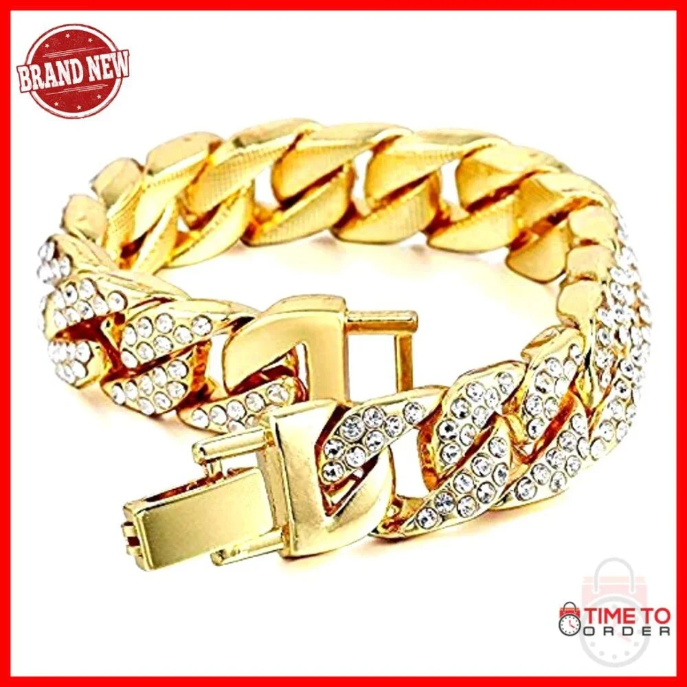 Men's Gold Tone Watch Set with Simulated Diamonds and Cuban Chain Bracelet